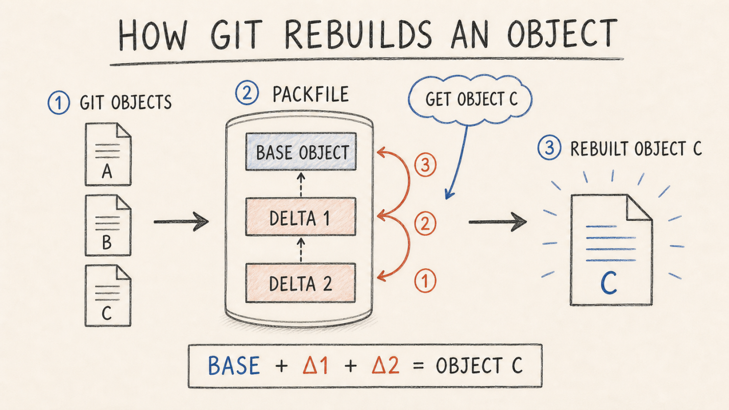 Object C is not stored whole. Reading it means walking the delta chain back to the base object.