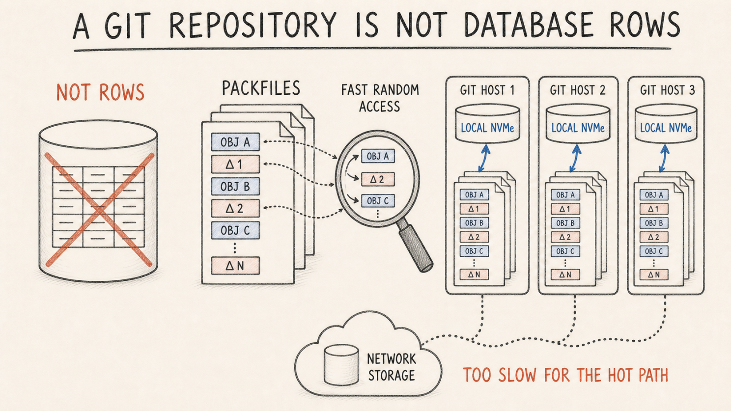 Packfiles need fast random access, so every git host keeps its own full copy on local NVMe.