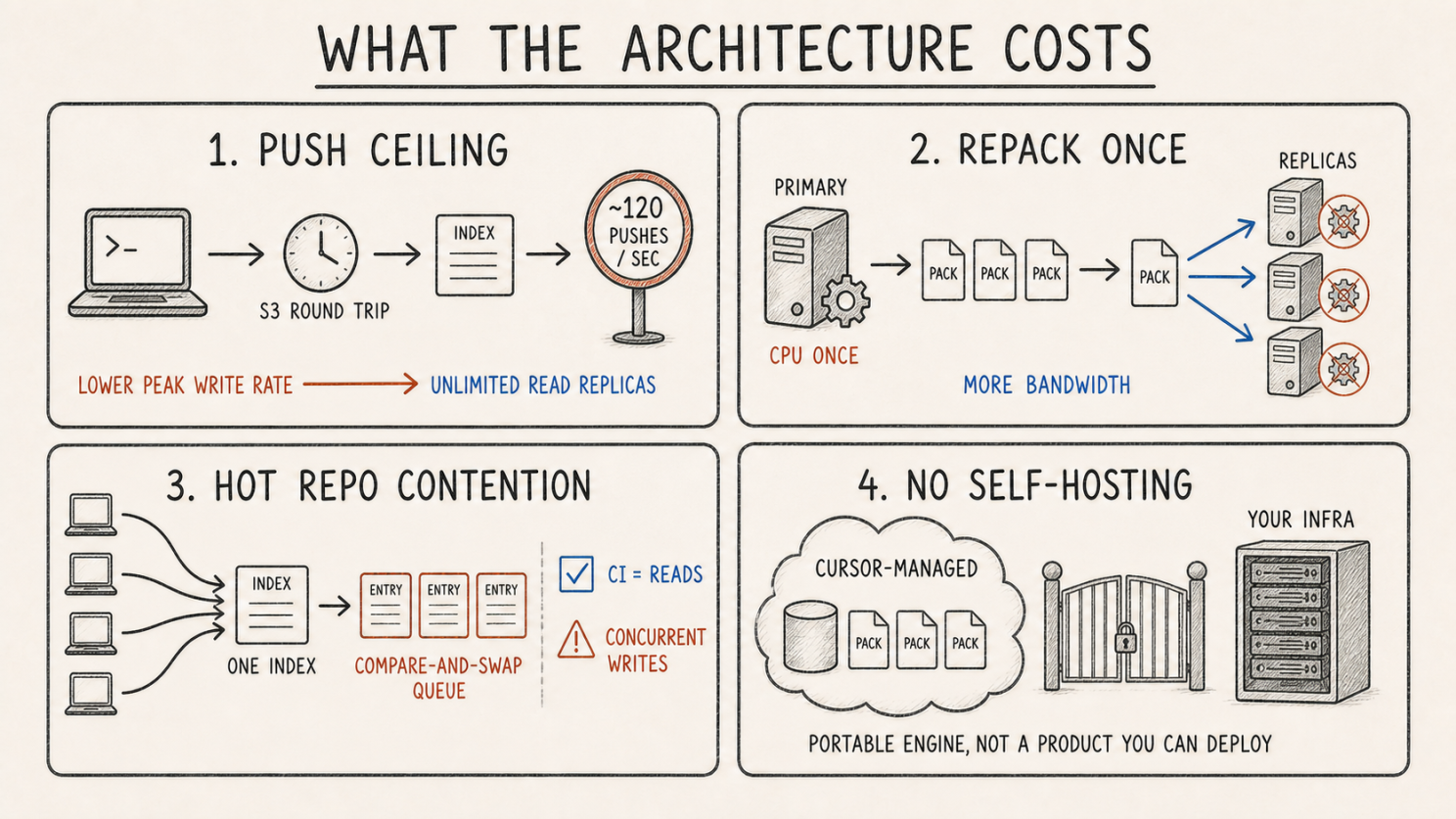 Four trades: a hard push ceiling, bandwidth instead of CPU, queueing on a hot repo, and no self-hosting.