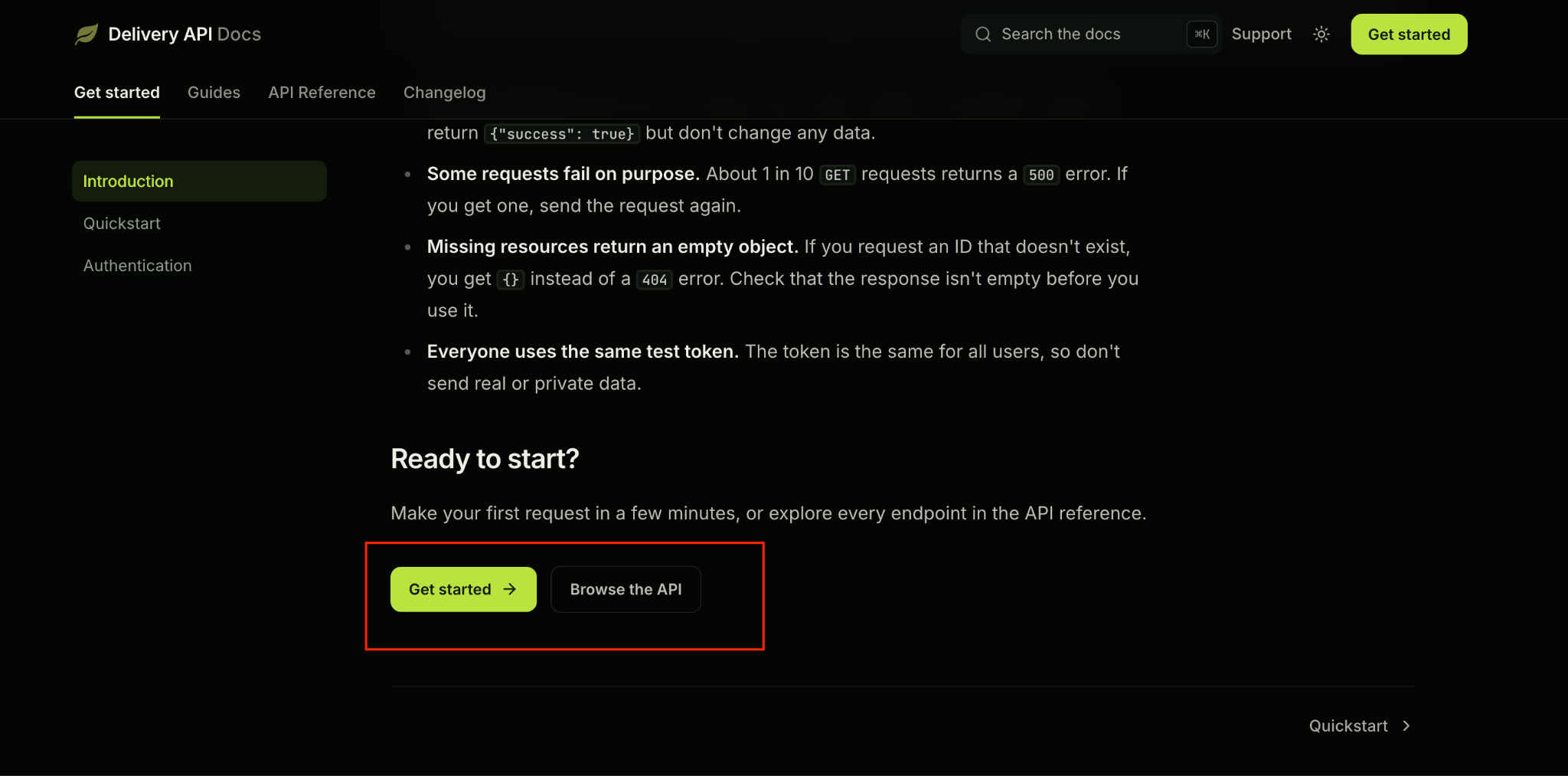 The bottom of the Delivery API home page, with a green “Get started” button and an outlined “Browse the API” button