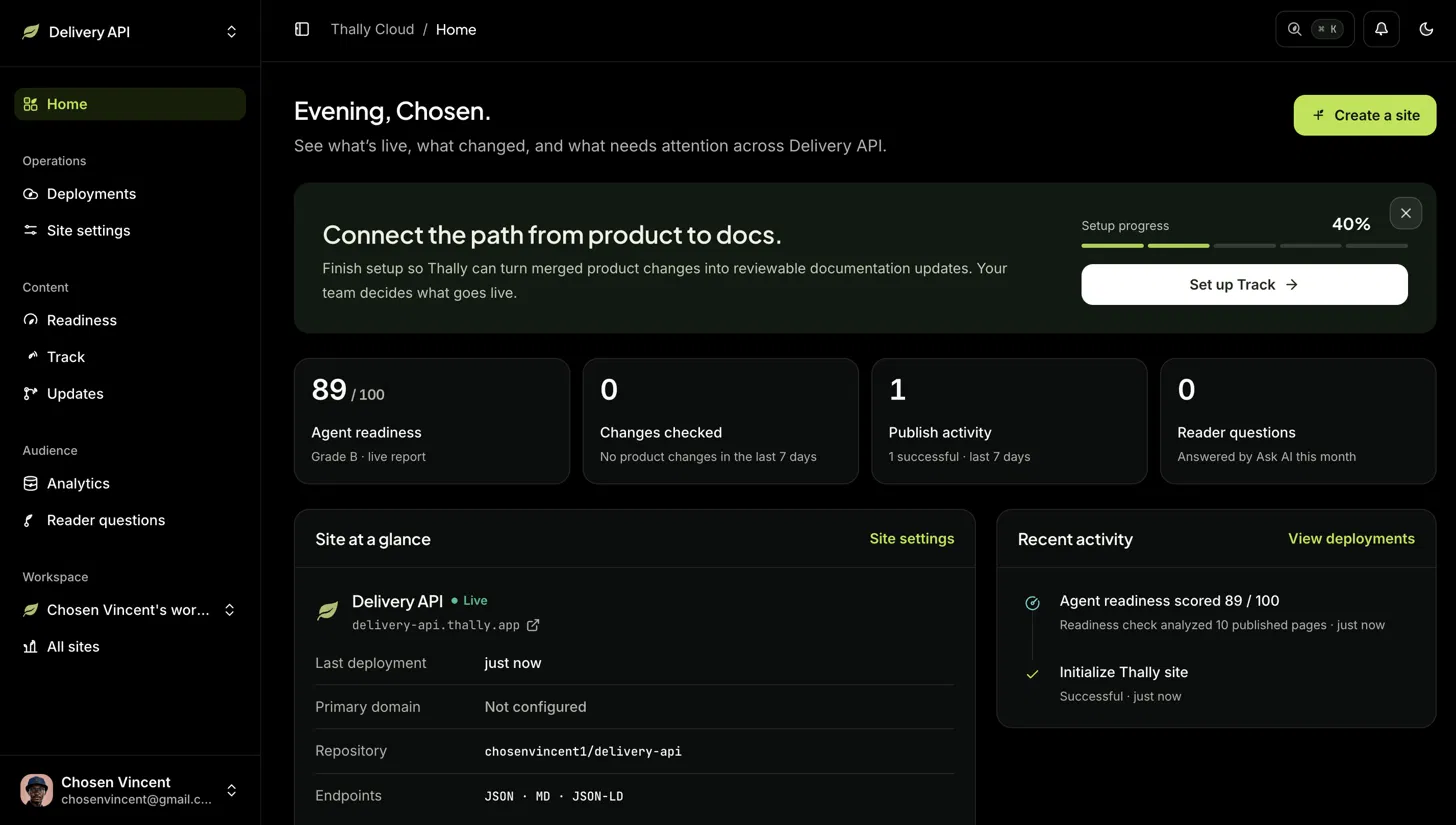 The Thally dashboard Home page, showing the Delivery API site marked as Live, with its agent readiness score and recent activity