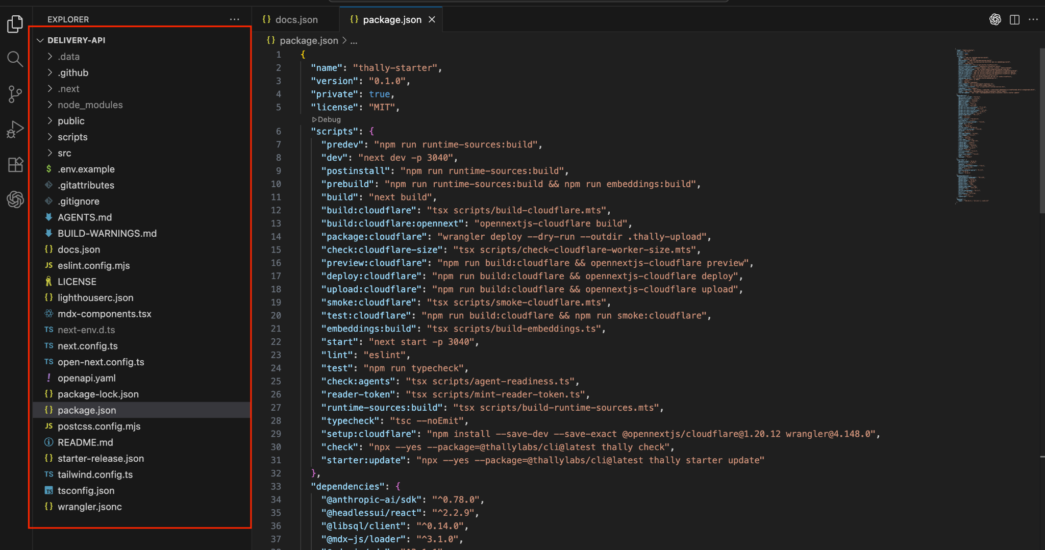 The delivery-api project in VS Code, with most folders collapsed and src/content, src/mdx, docs.json, openapi.yaml, and starter-release.json visible in the file explorer