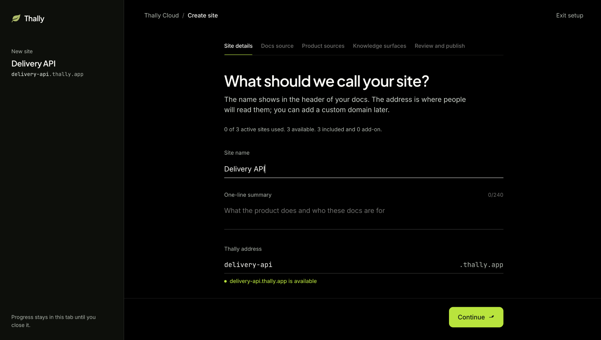 The Site details step in Thally’s site setup, with fields for site name, one-line summary, and Thally address