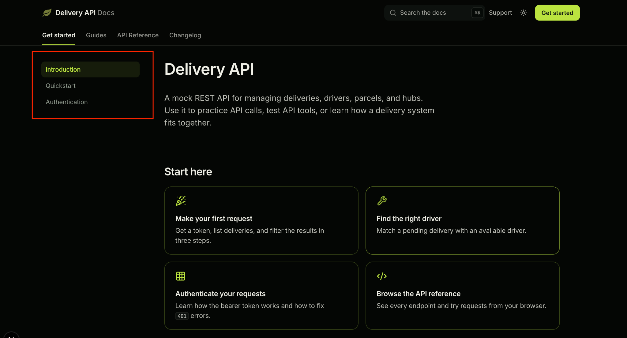 The site sidebar under the Get started tab, listing Introduction, Quickstart, and Authentication