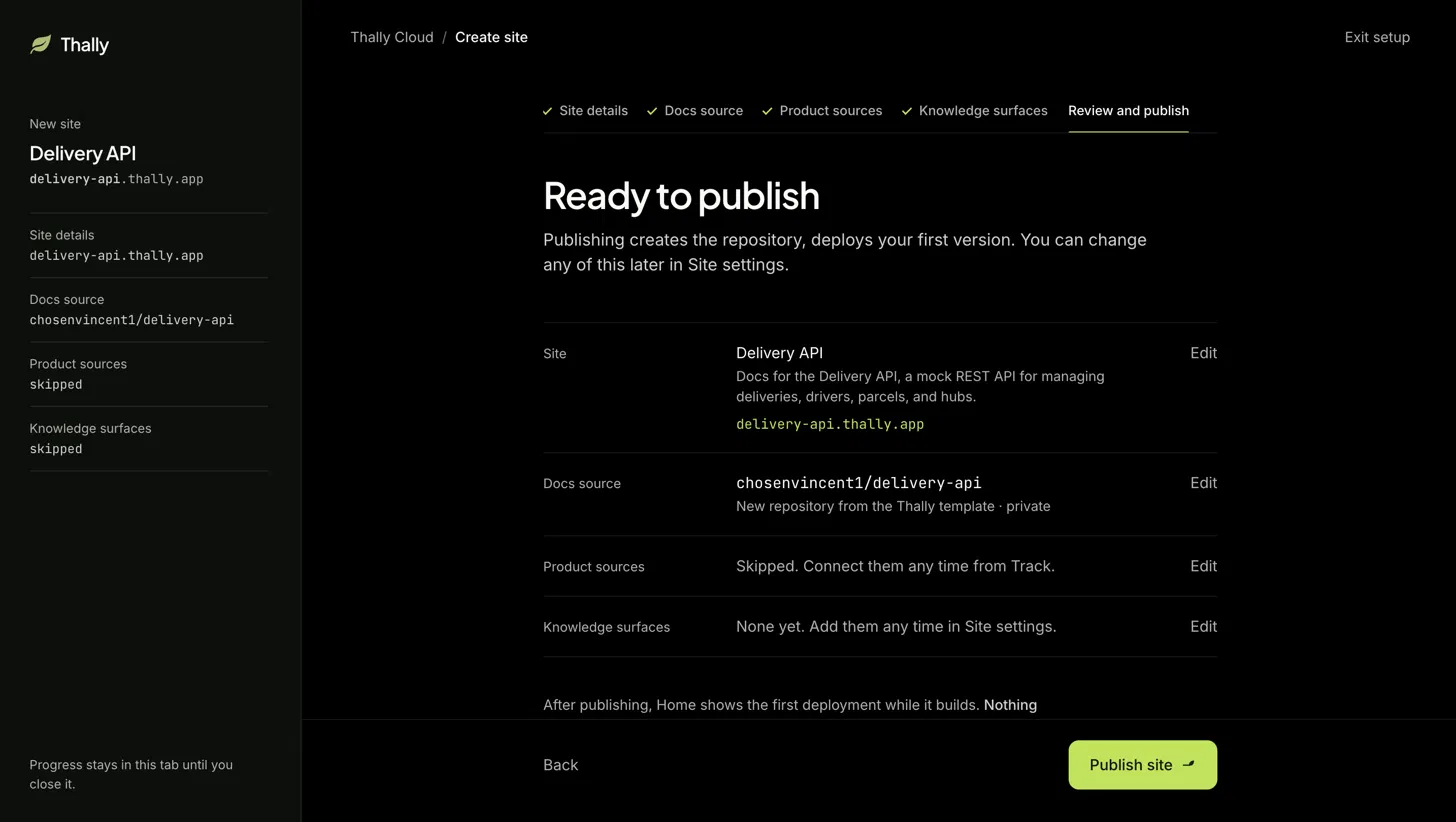 The Review and publish step, summarizing the site details and docs source, with Product sources and Knowledge surfaces skipped