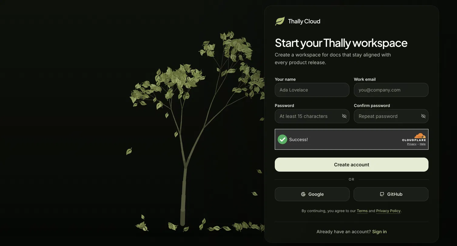 The Thally Cloud sign-up page, with fields for name, work email, and password, and options to sign up with Google or GitHub