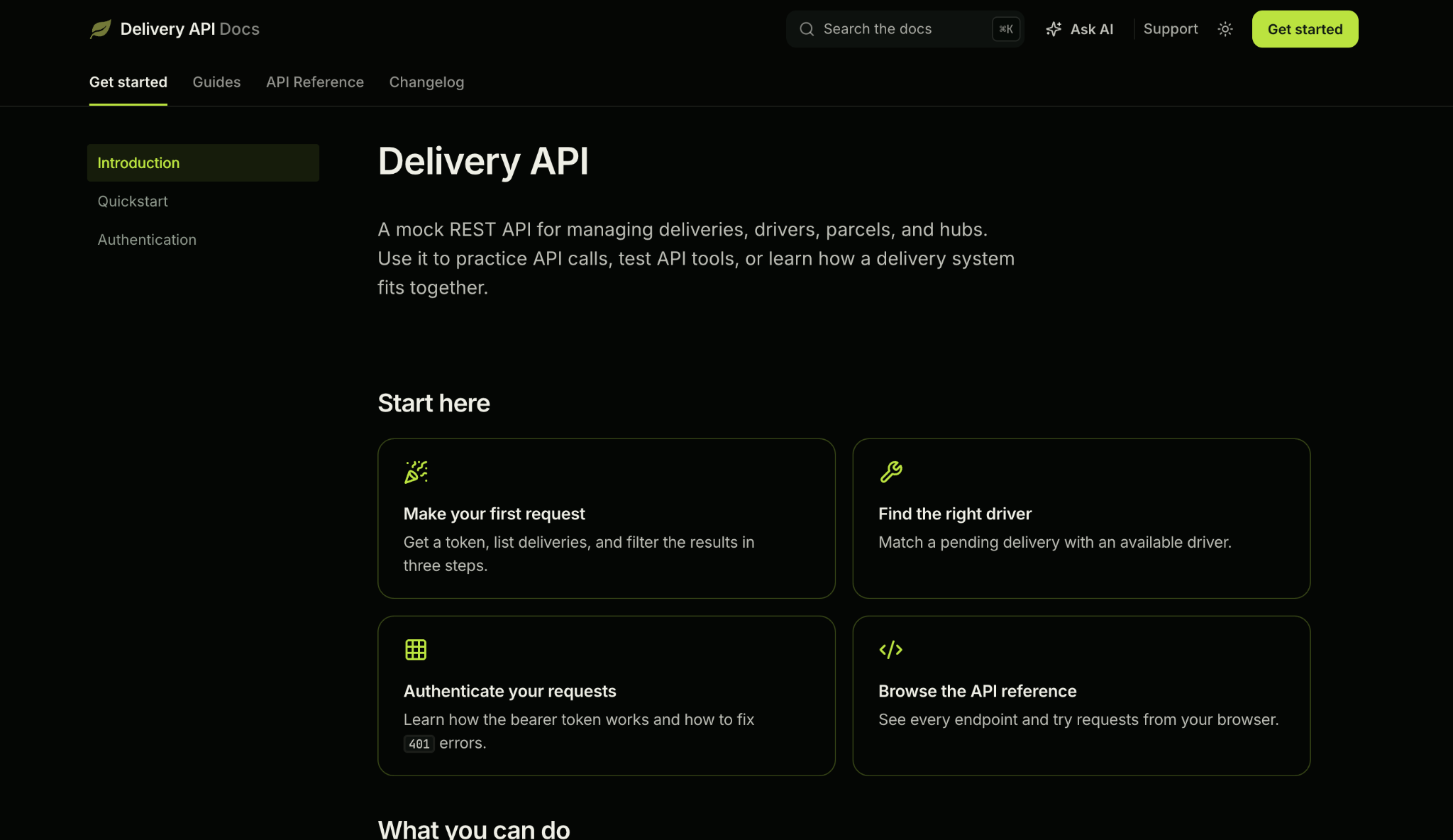The Delivery API docs home page, with a sidebar, a “Start here” section of cards, and tabs for Get started, Guides, API Reference, and Changelog