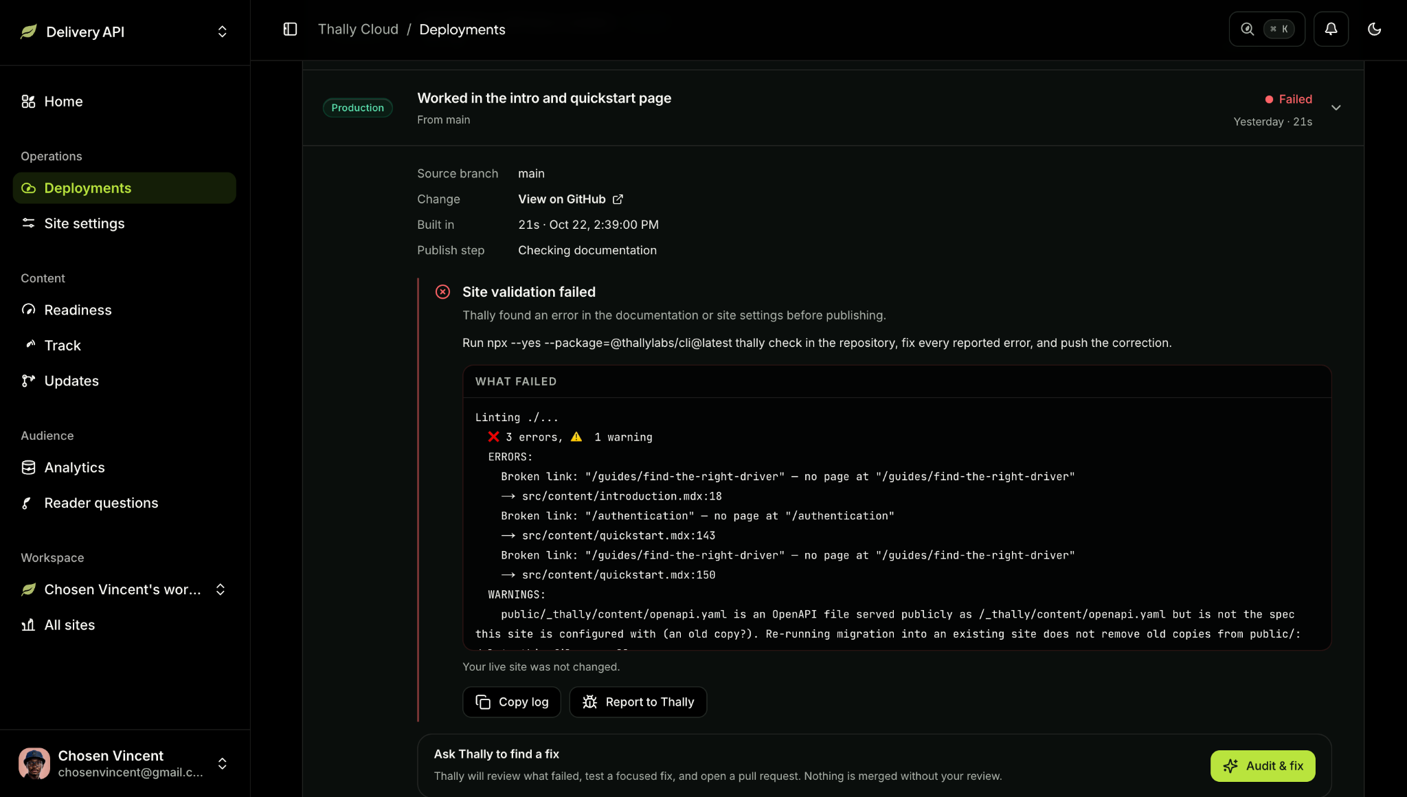 The failed deploy in the Thally dashboard, showing the broken links