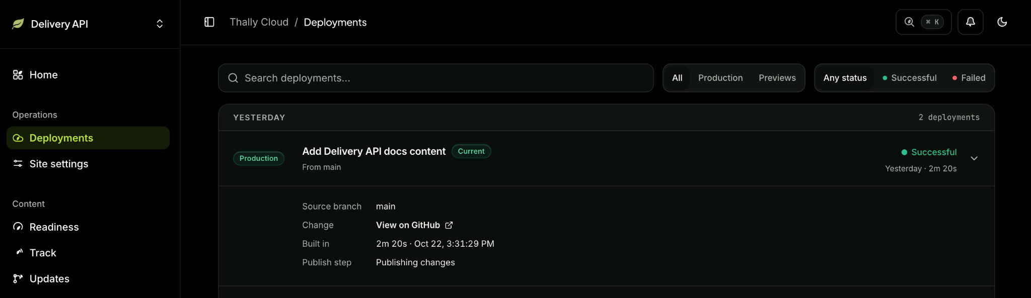 The successful deployment in the Thally dashboard