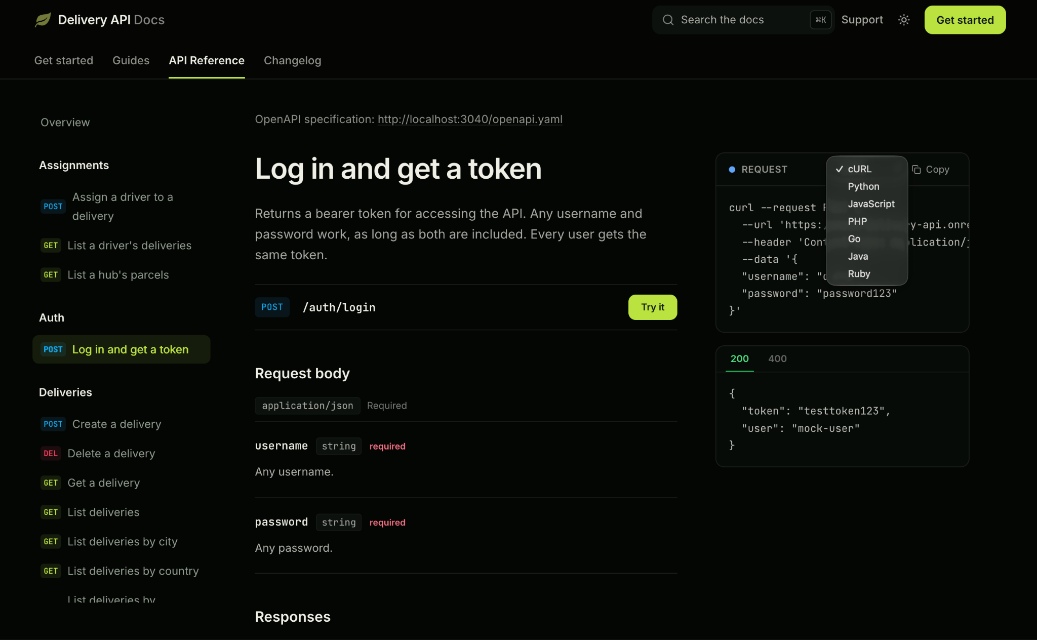 “Log in and get a token” endpoint page, with the language menu open in the Request panel