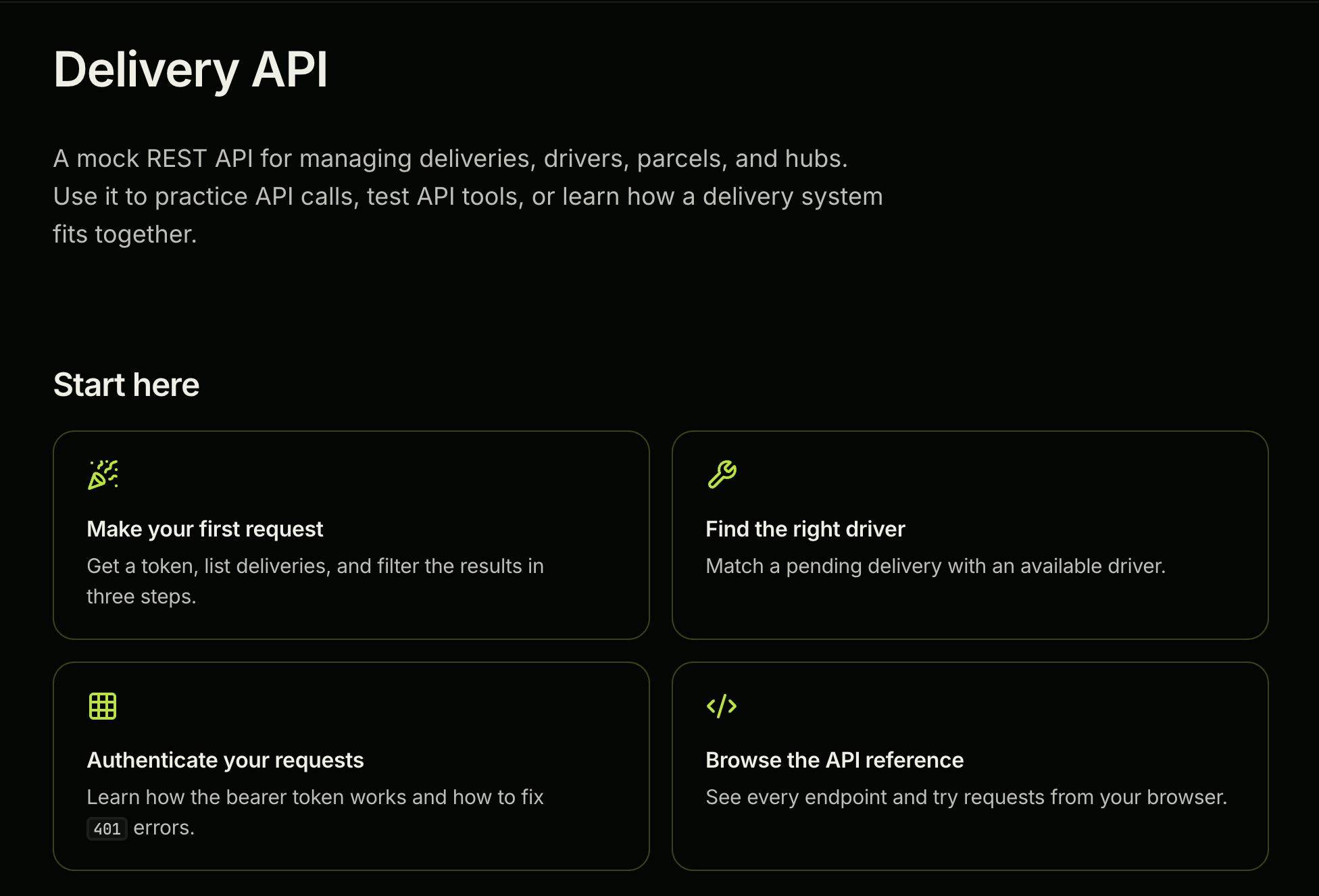The top of the Delivery API home page, with the title, summary, and Start here cards