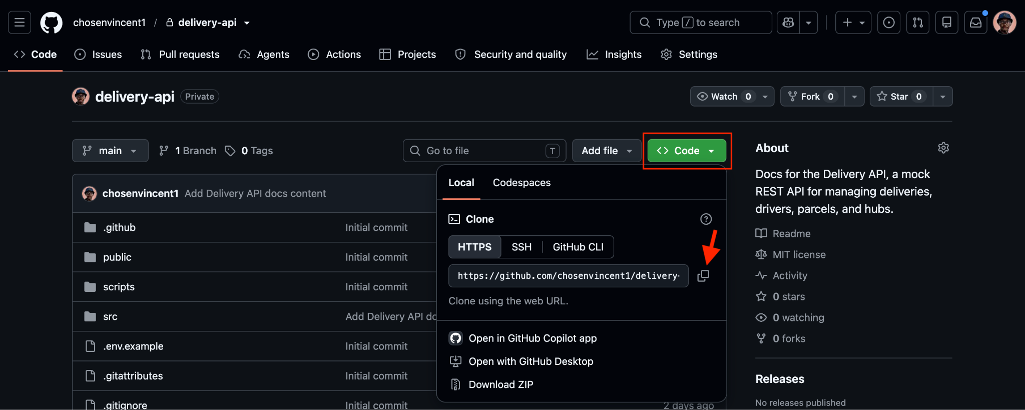 The delivery-api repo on GitHub, with the Code menu open and the copy icon next to the HTTPS clone URL highlighted