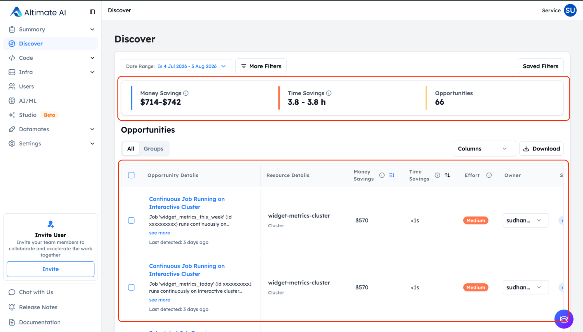 The Discover page in the Altimate.ai enterprise platform runs a version of that same join continuously and surfaces exactly this pattern: a job still running on an interactive cluster long after the workload stopped being interactive, flagged with the switch to make and the same accuracy limit attached. You can read more about in Understanding Databricks Compute Cost blog post.