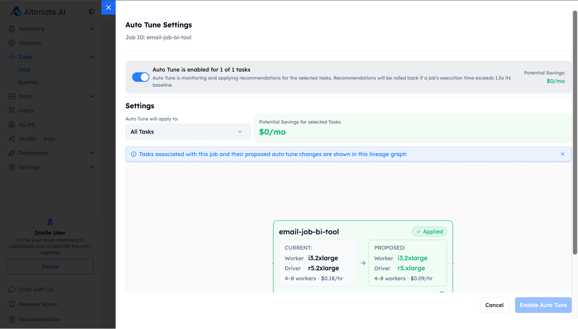 A screenshot of the Altimate UI, a platform that provides cost intelligence and governance for modern data teams. Altimate analyzes actual workload behavior to detect when a job is running on the suboptimal compute family. It provides you with visibility into where the mismatch exists so you can trust a system recommendation and decisions.