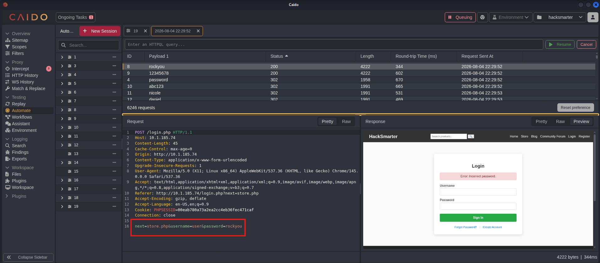 Caido list of 6,246 password attempts separated by status and length