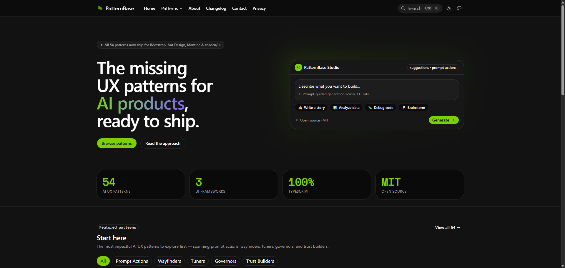 PatternBase homepage: 54 AI UX patterns, 3 UI frameworks, 100% TypeScript, MIT licensed