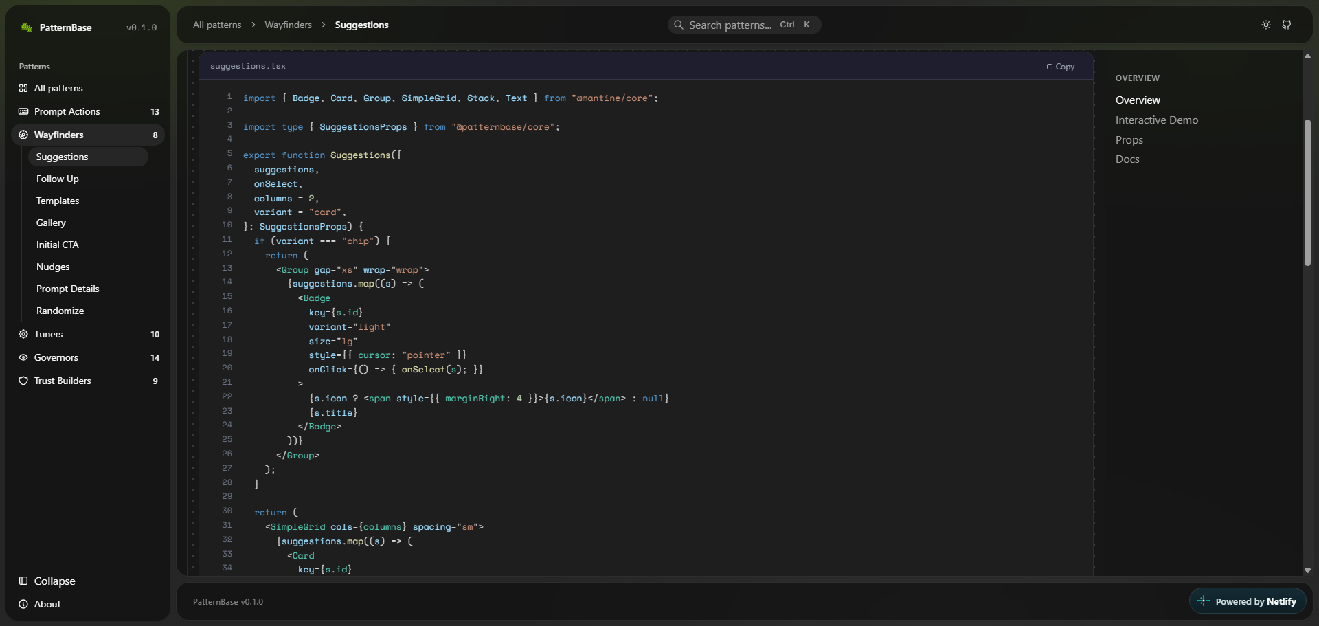 The Code tab for the Suggestions pattern, showing the Mantine implementation with a copy button