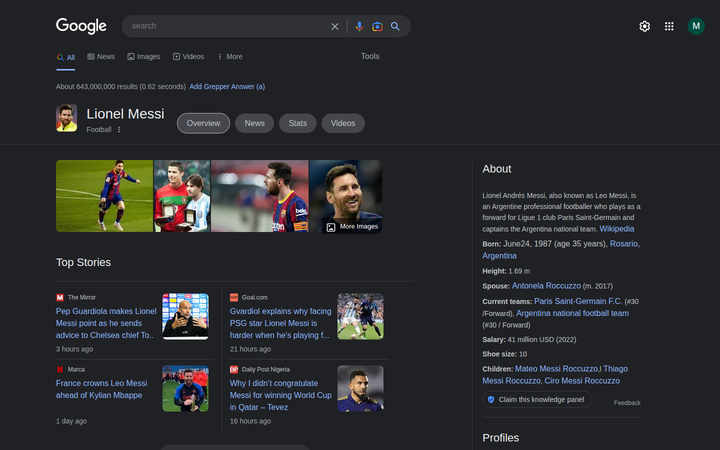 A dark-mode Google search results page for Lionel Messi, with photos, Top Stories and a knowledge panel