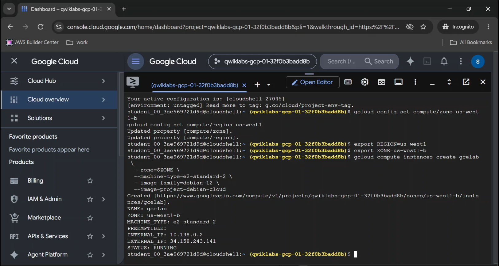 Running Google Compute Engine virtual machine named gcelab.