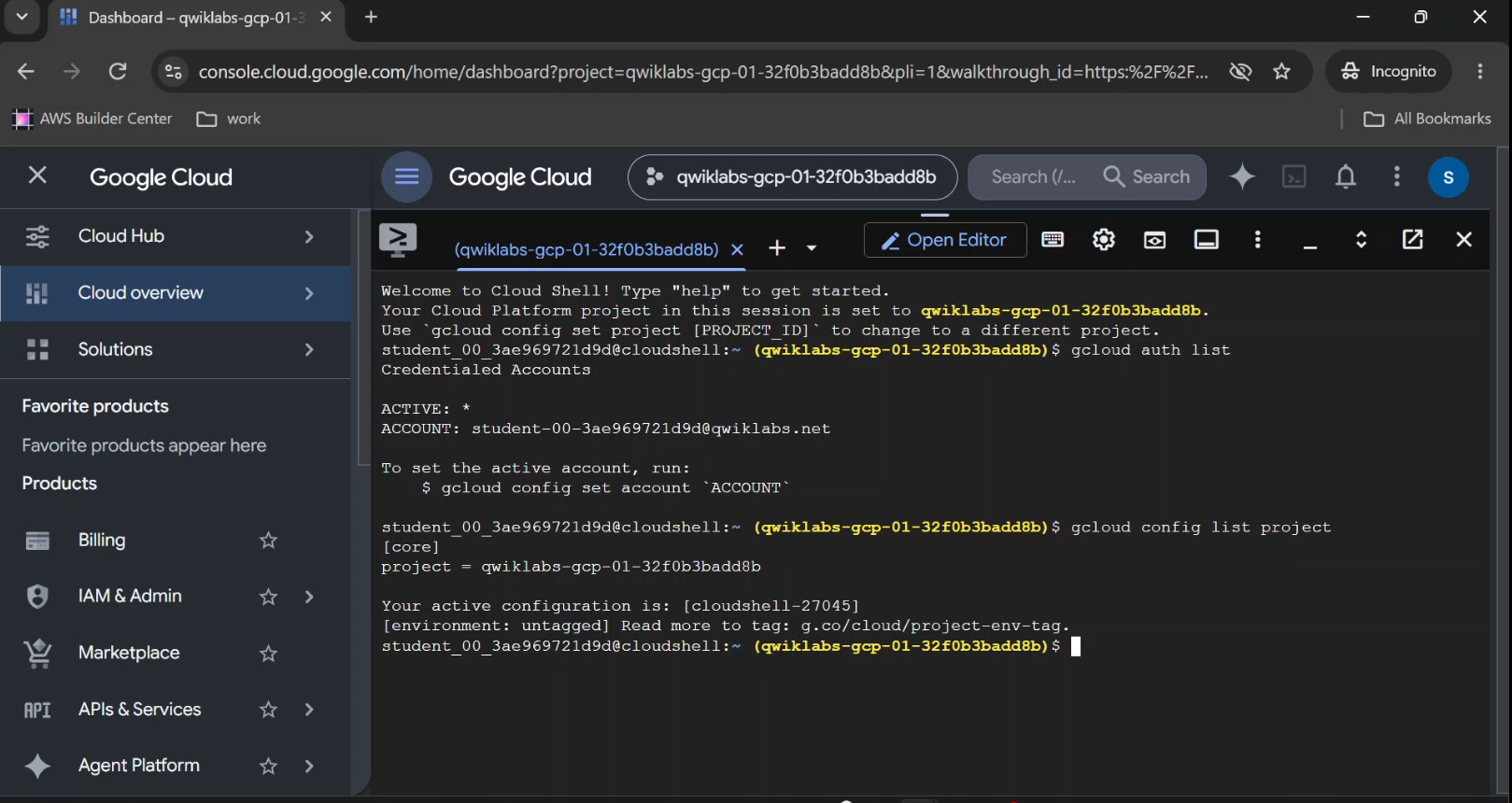  Google Cloud Shell displaying authenticated account and project configuration.
