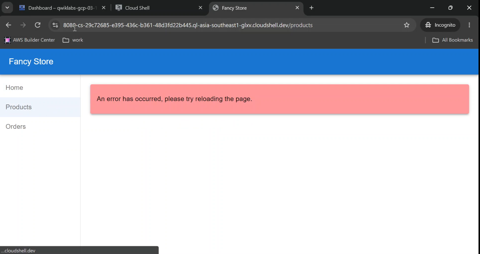Fancy Store web application running through Google Cloud Shell port 8080.