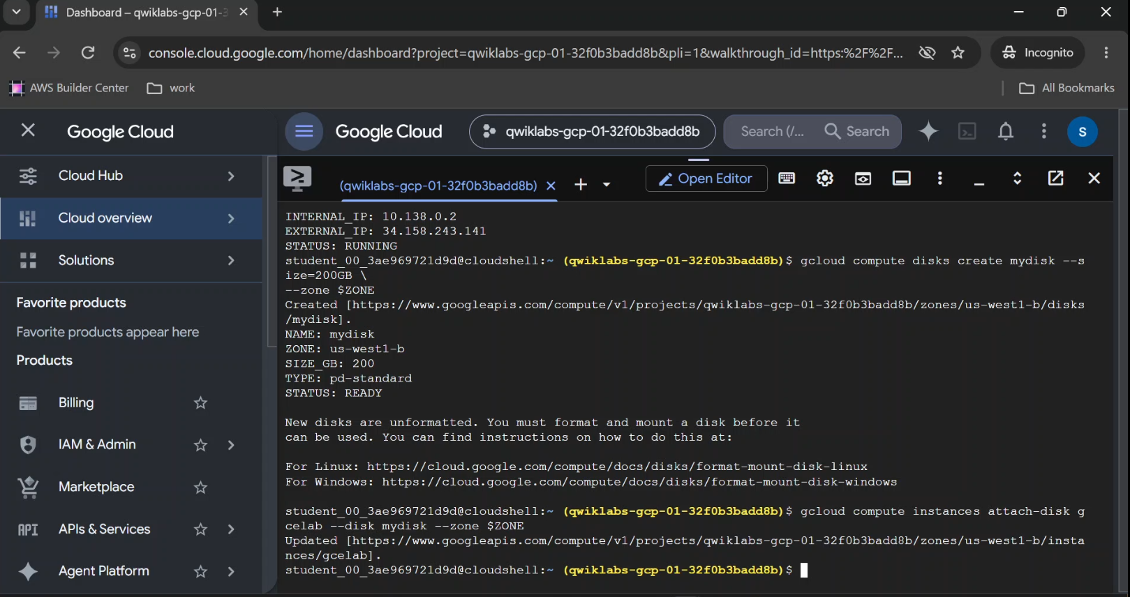 Google Cloud VM storage configuration with two attached disks.