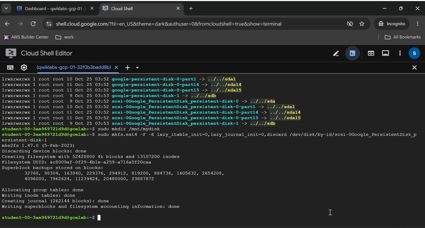 Linux terminal showing successful ext4 filesystem creation on Google Cloud Persistent Disk.
