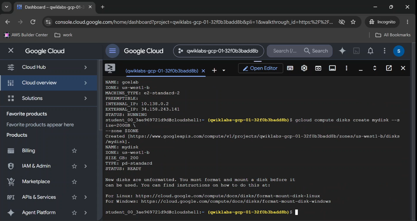 Google Cloud Persistent Disk details showing 200 GB Standard Persistent Disk.
