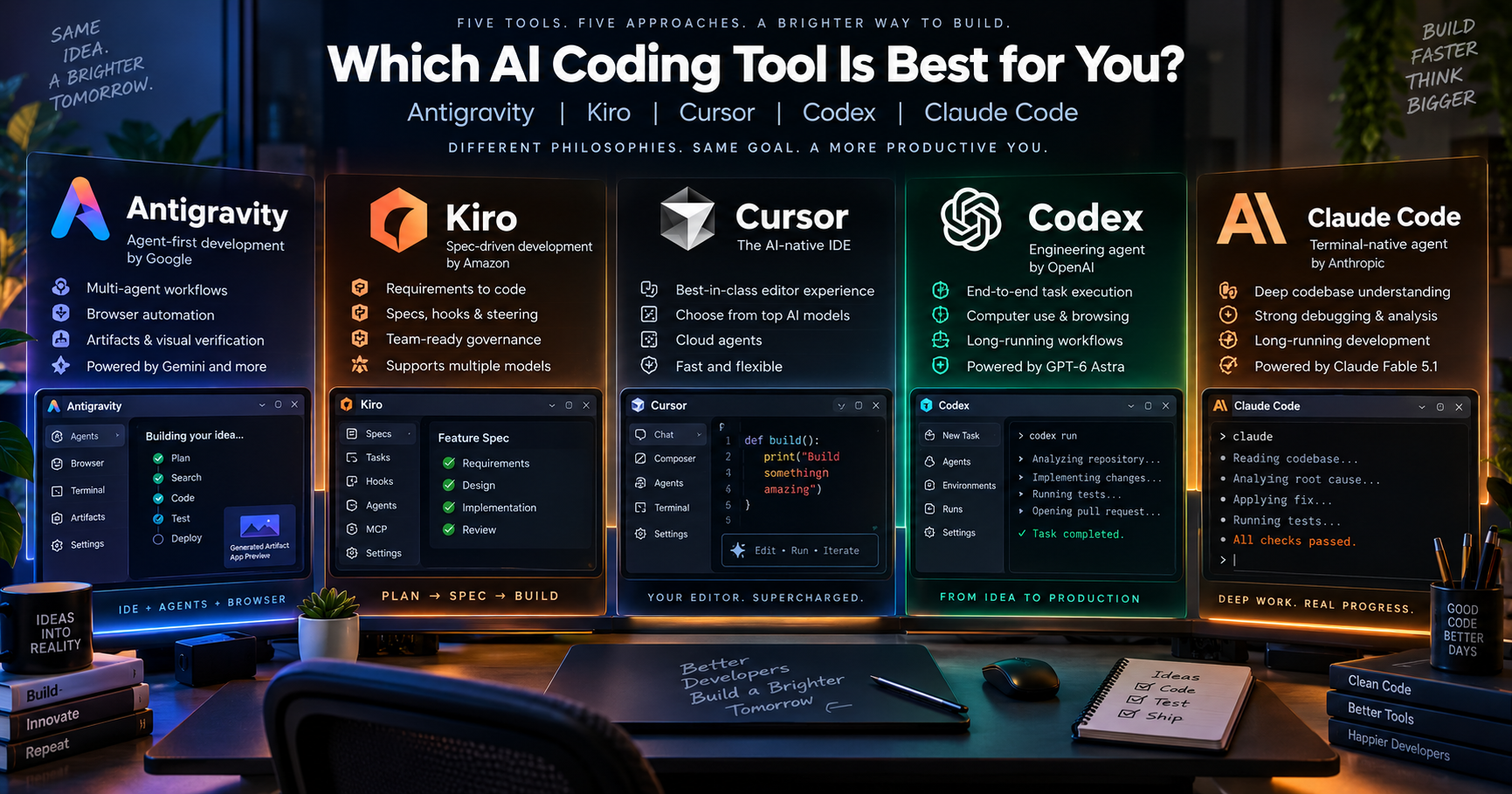AI Coding IDEs Compared — Antigravity vs Kiro vs Cursor vs Codex vs Claude Code
