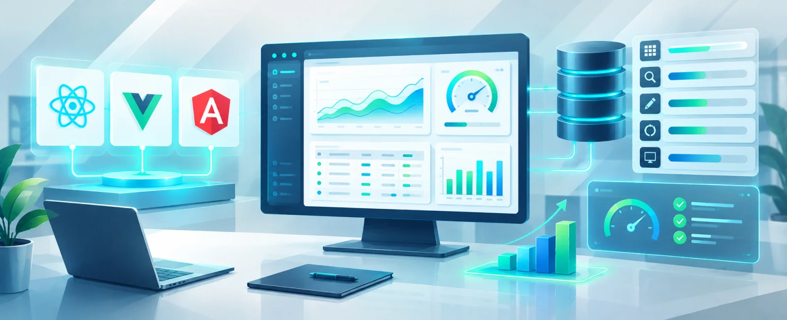 Performance dashboard comparing React, Vue and Angular with charts and data tables