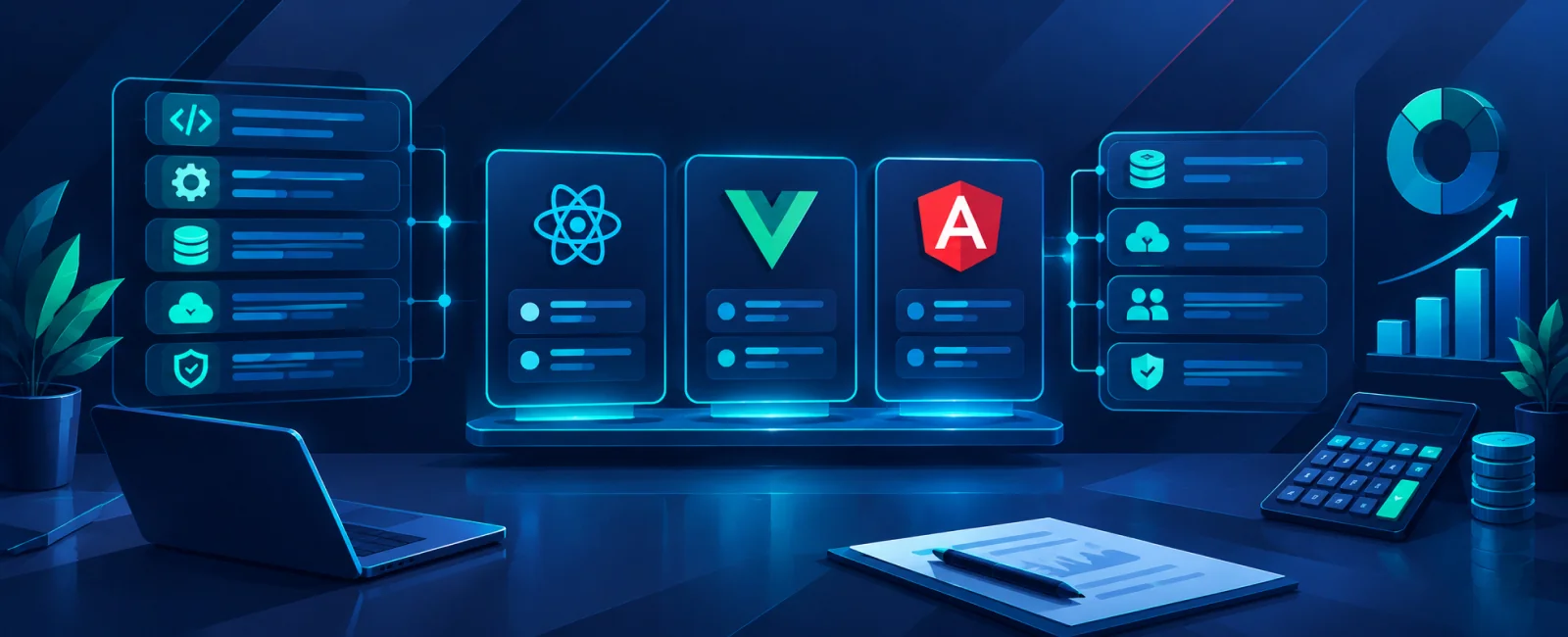 React, Vue and Angular interfaces connected to enterprise data and security systems