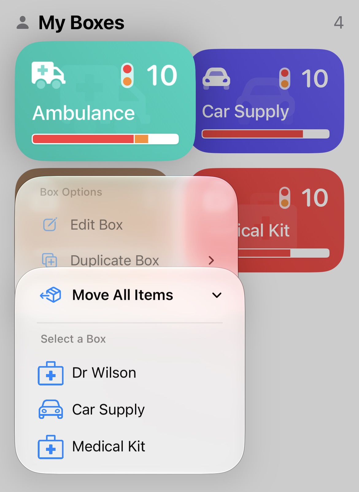 A context menu for a box, with an option to move all items to another box.