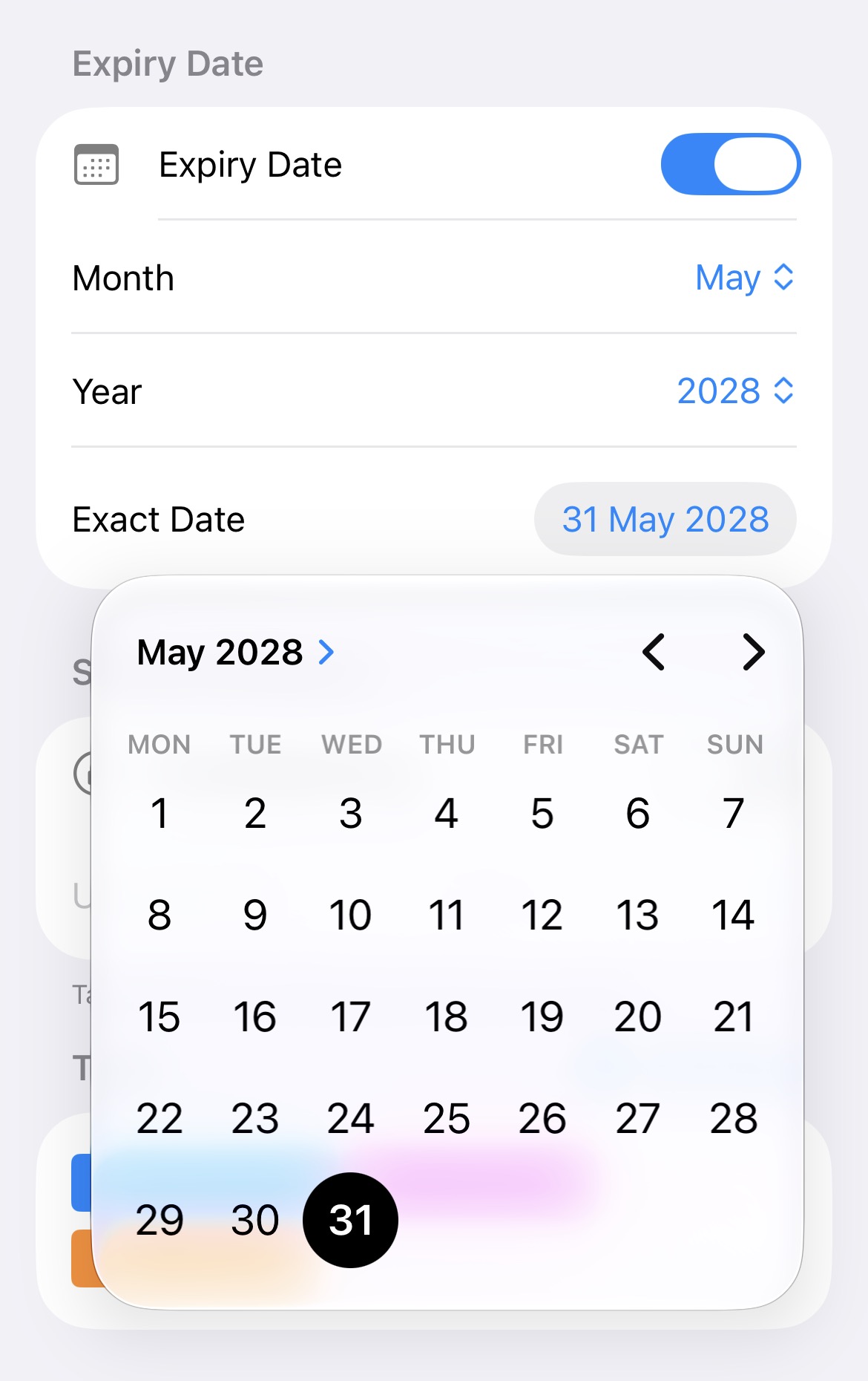 A date picker to select an exact expiry date.