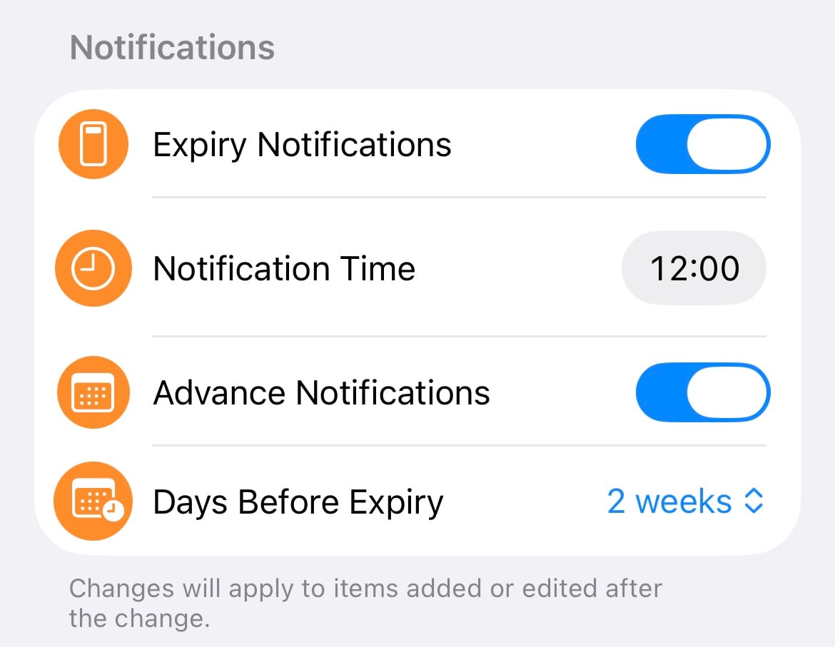 The notifications settings in the Ampoule app, with options to enable expiry notifications, set the time of day to receive them and enable notifications in advance of expiration (the length of time before expiration can be customised as well).