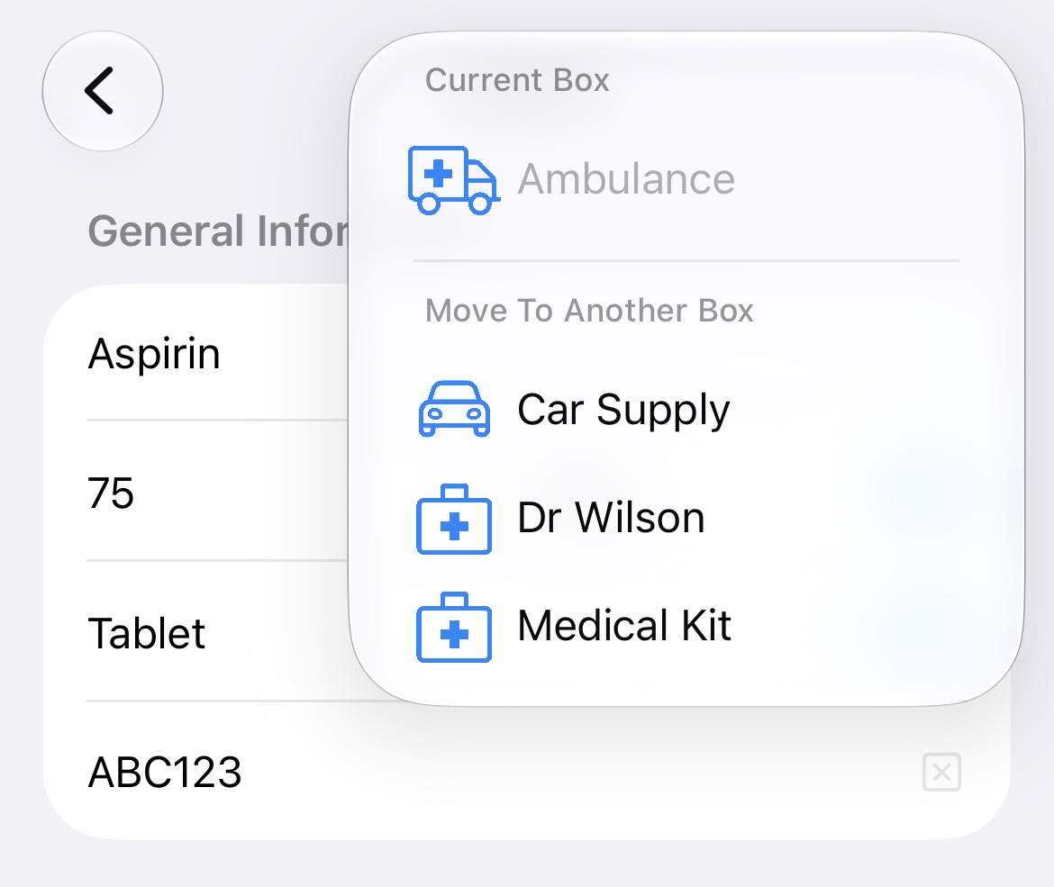 Moving an item to another box using the icon in the top right on the edit item page.