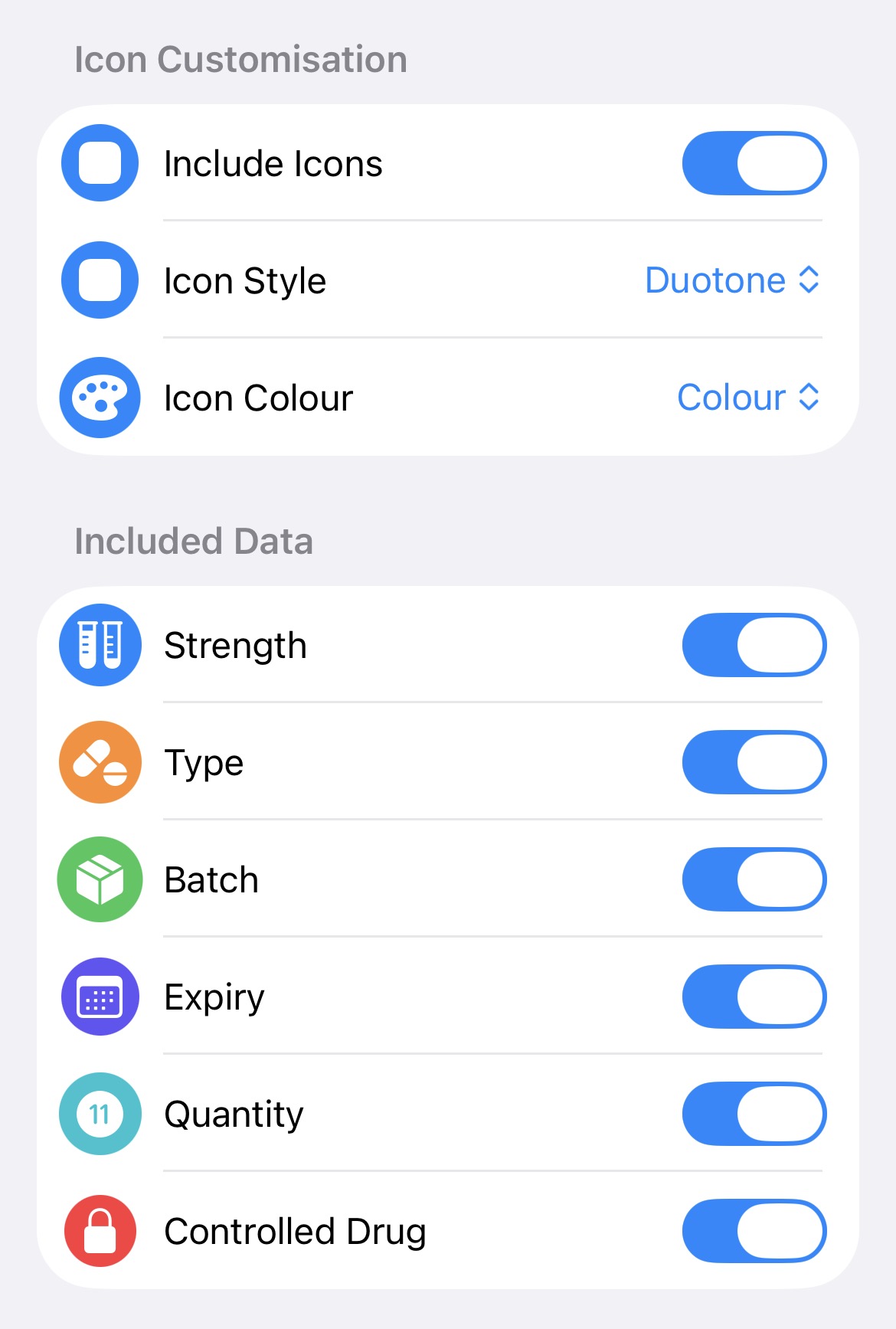 The Export PDF screen showing options for customising icon styles and data fields.