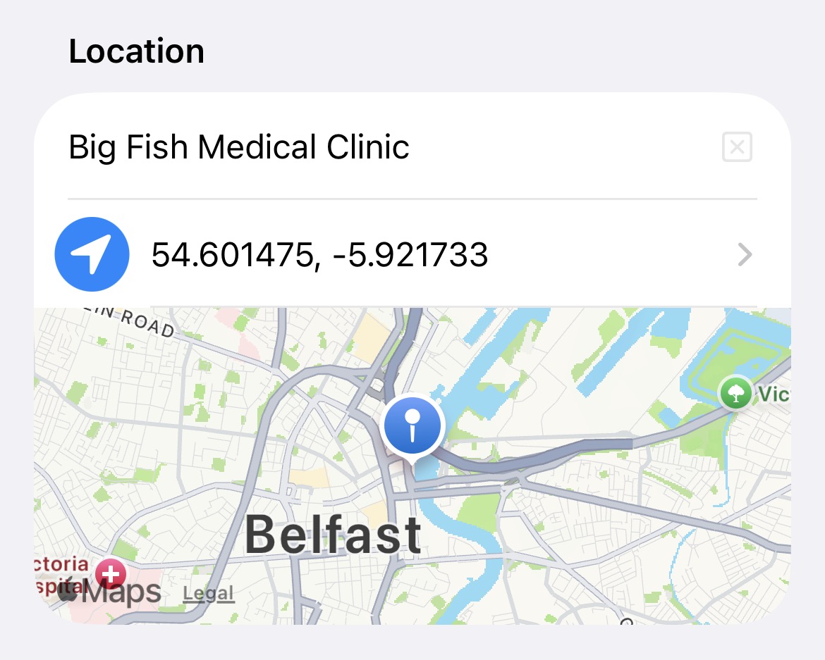 Adding a location to a box, with a customisable name and a map of the location.