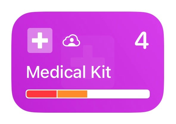 A representation of a Medical Kit box in Ampoule; a purple card view with a medical cross icon, a cloud icon (indicating shared state) and the number of contained items (4). There is a name of the box (Medical Kit) and a horizontal stacked bar chart showing items which have issues.