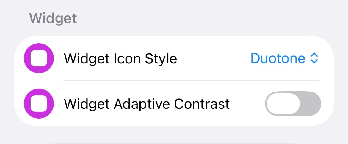 Ampoule app appearance settings screen showing options to select a widget's icon style and enable adaptive contrast.