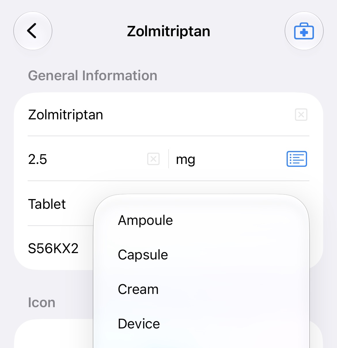 Selecting a medication type on the edit item page.