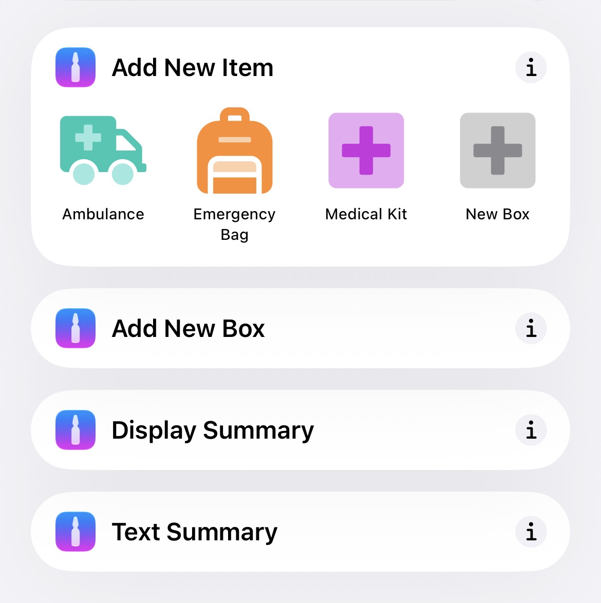The Ampoule page in the Apple Shortcuts app, showing the different app shortcuts that are available for Ampoule.