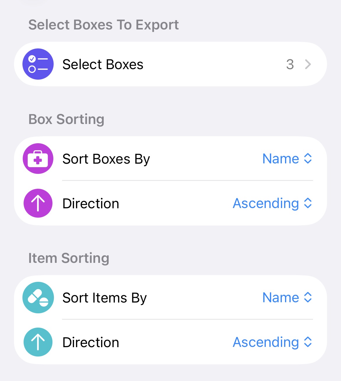 Screenshot of Ampoule app showing the PDF Export screen, with options to select boxes and sort boxes and items independently.