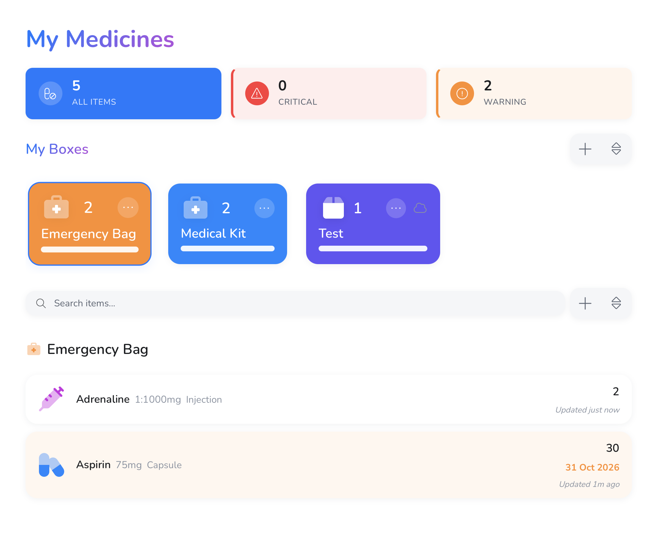 A screenshot of Ampoule Cloud showing items in rows. Some are highlighted in orange where they are low on stock or expire this month. Others are highlighted in red if they have zero stock or are expired.