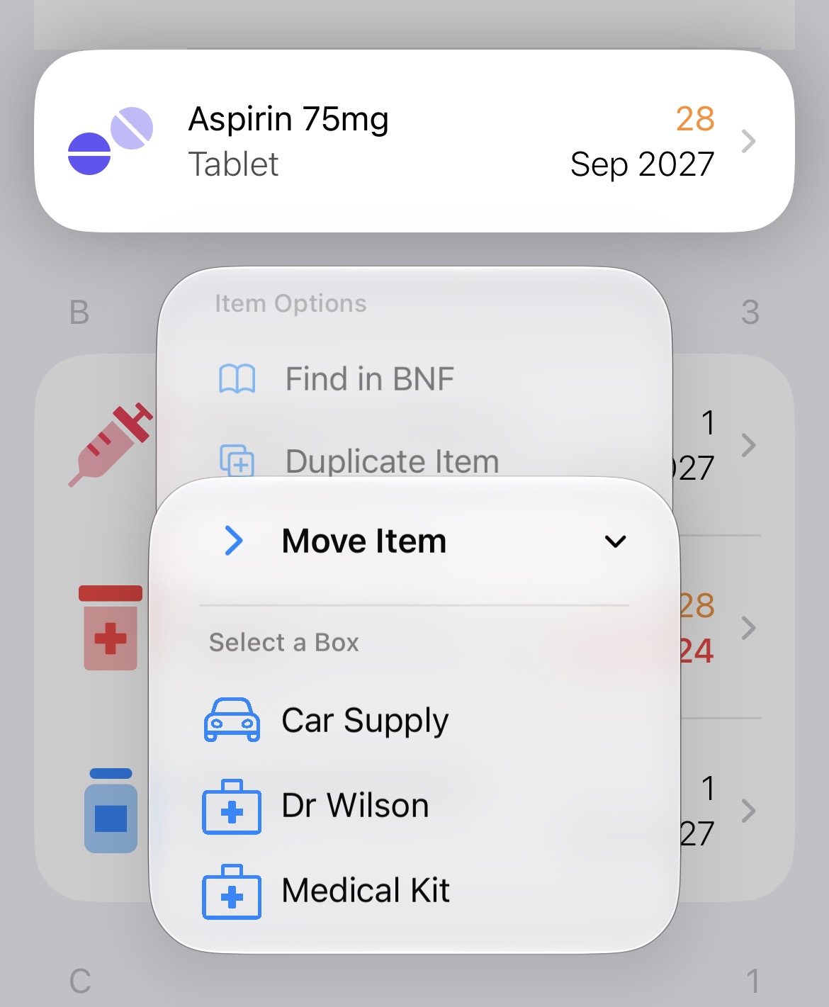 A context menu for an item, activated by a long press.