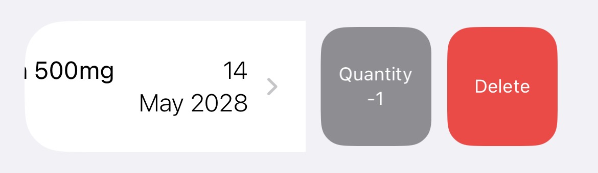 Reducing an item's quantity by one with a swipe action.