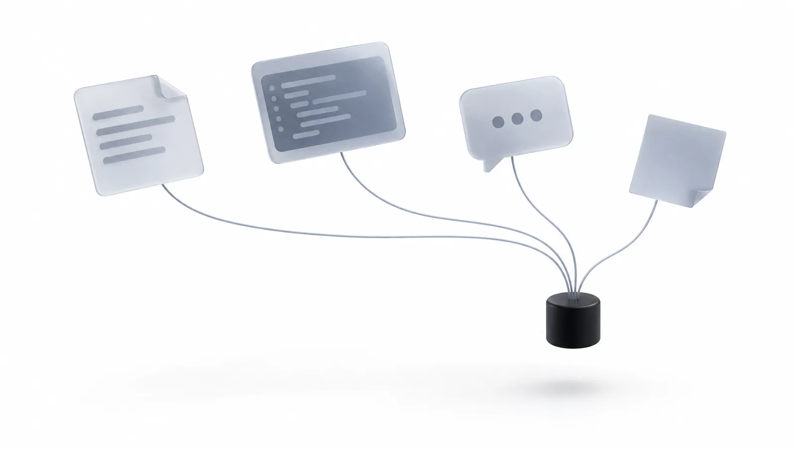 Floating document, code and chat cards wired into one small black store