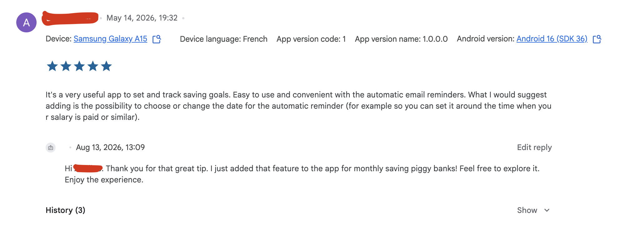 The Testing feedback page in Play Console, showing my wife's five-star feedback from May and my reply from August