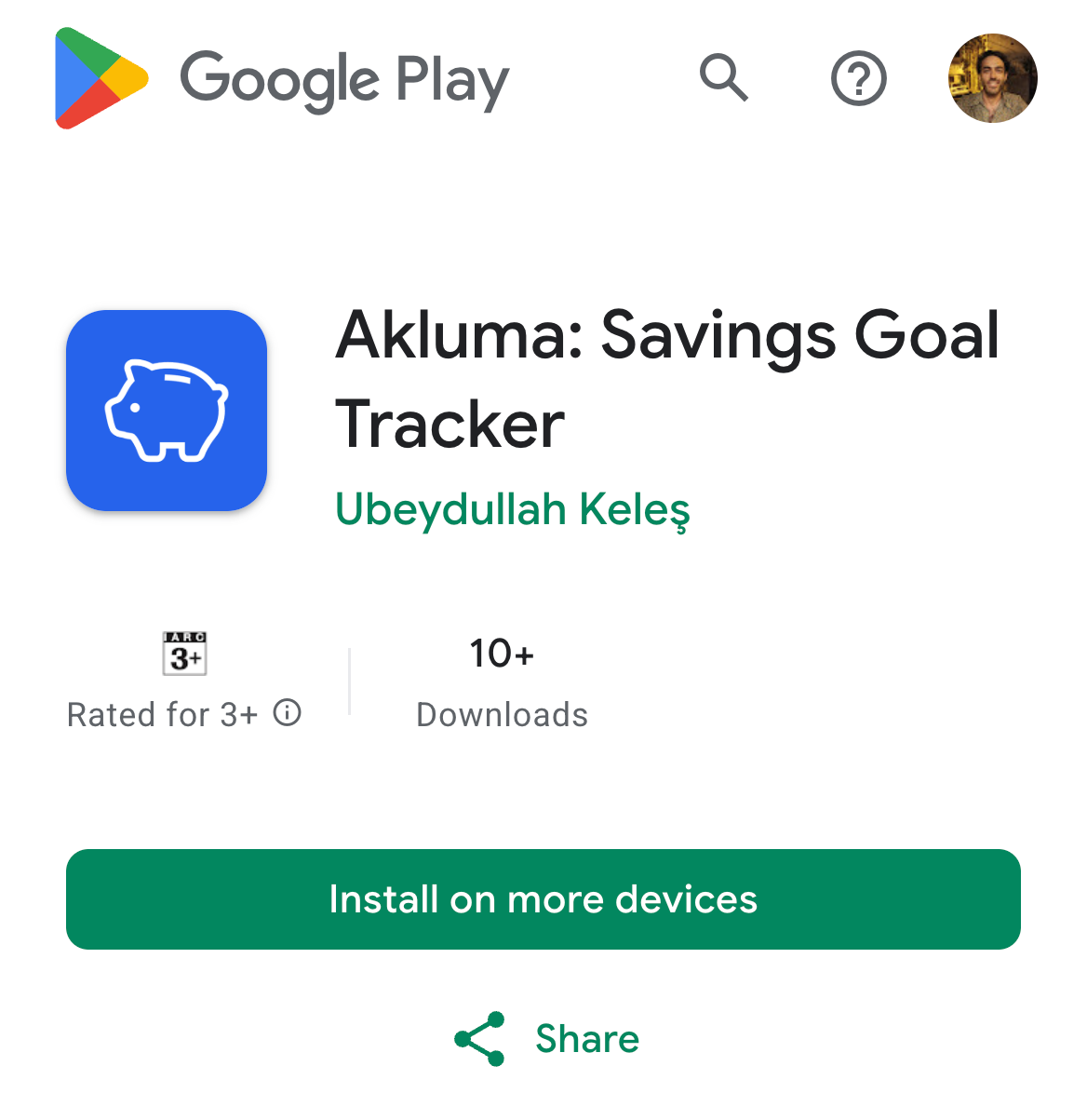 Akluma: Savings Goal Tracker on its public Google Play page