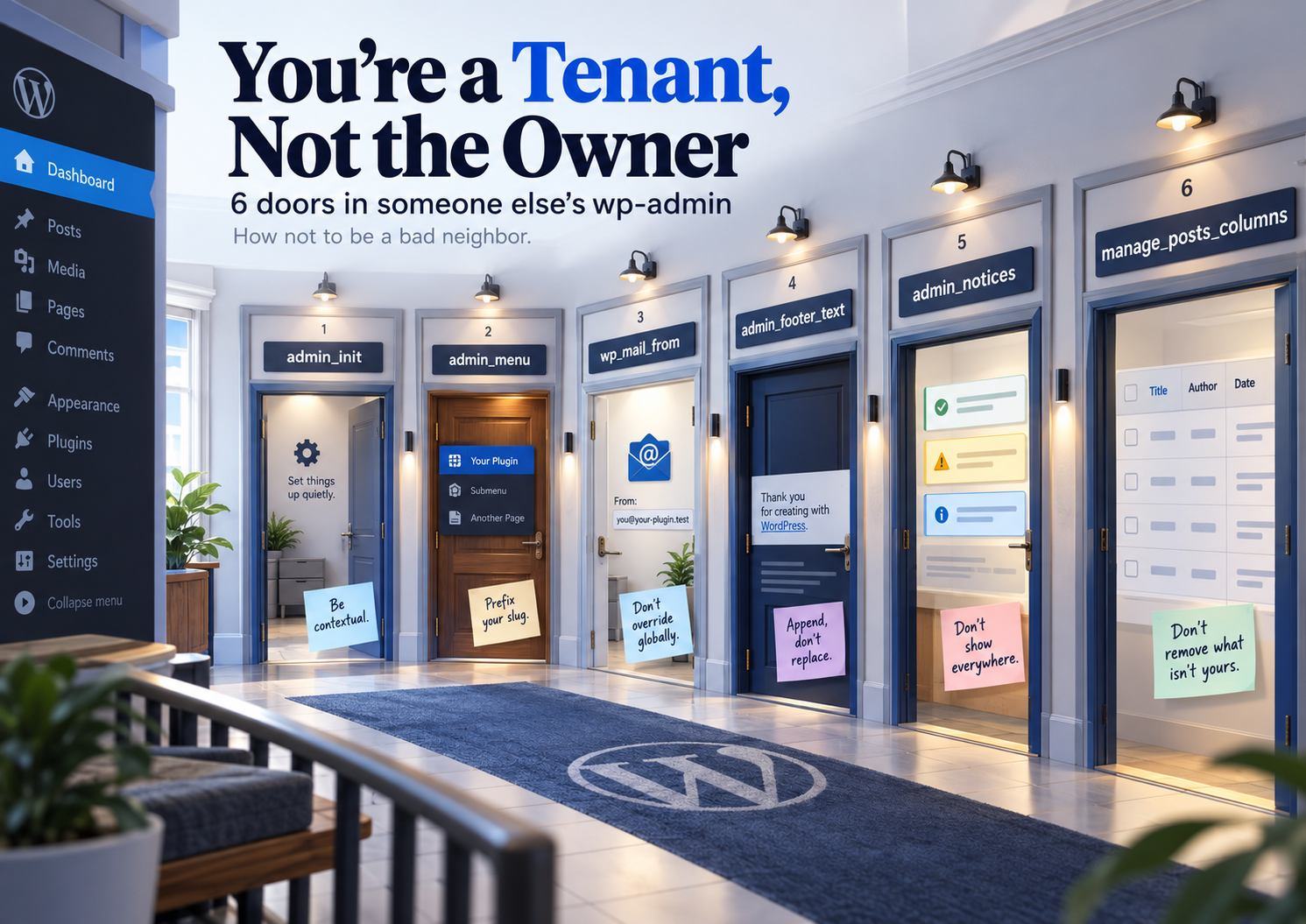 You're a Tenant, Not the Owner: 6 Doors in Someone Else's wp-admin, and How Not to Be a Bad Neighbor