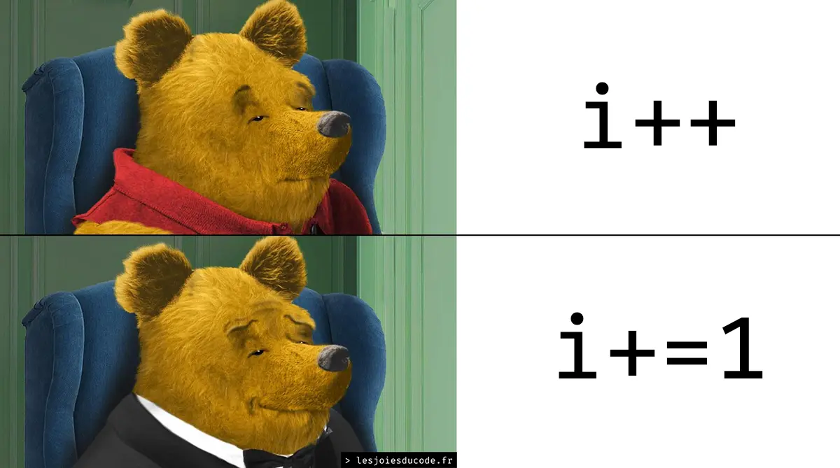 Winnie the Pooh i++ vs i += 1 meme
